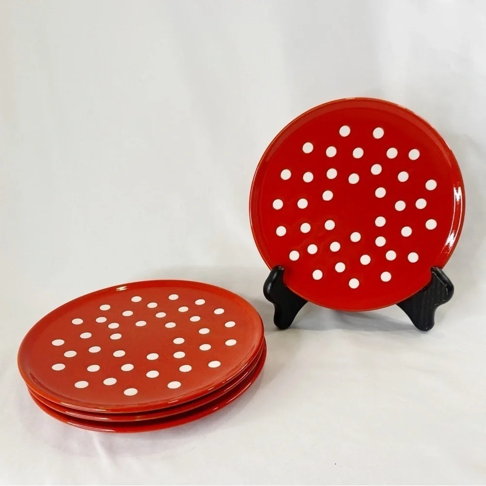 4 Waechtersbach 7 5/8” Salad Plates Vintage W Germany Polka Dots Red White HTF